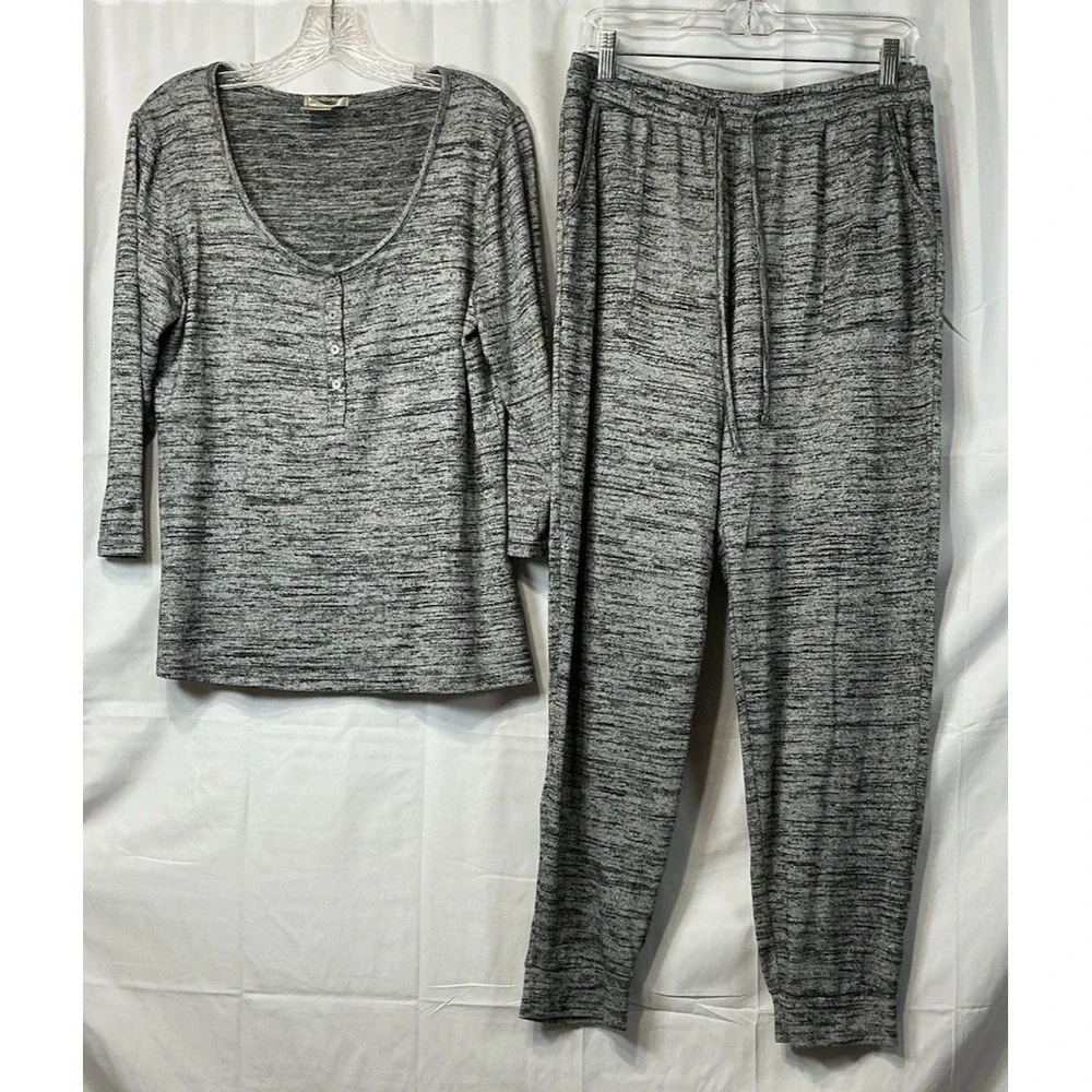 Ink & Ivy Hacci Knit Lounge 2 Pc Set Pullover Top/Pant Pull On Large Gray